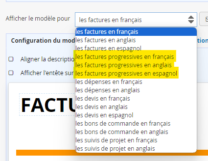 Personnalisation des factures progressive facturation à l'avancement