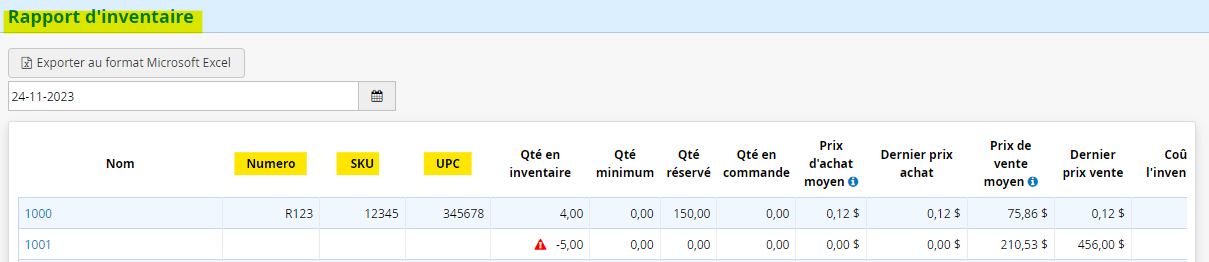 Ajout SKU UPC rapport d'inventaire