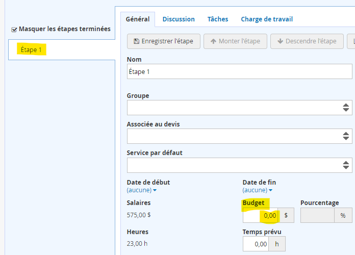 Budget a 0 des étapes qui n'apparaissent pas sur la facturation progressive