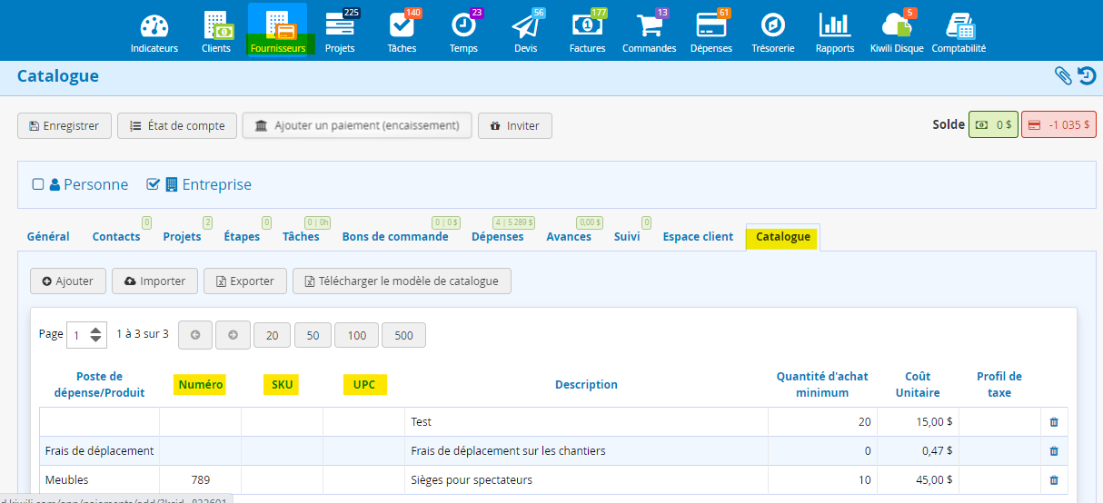 Catalogue fournisseur ajout Numéro SKU UPC pour les produits