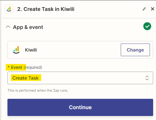 Choix action create task zapier connecter Google Calendar et ERP Kiwili