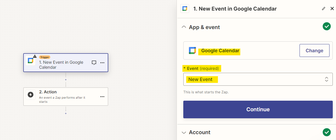 Choix dun nouveau zap new event connecter Google Calendar et ERP Kiwili