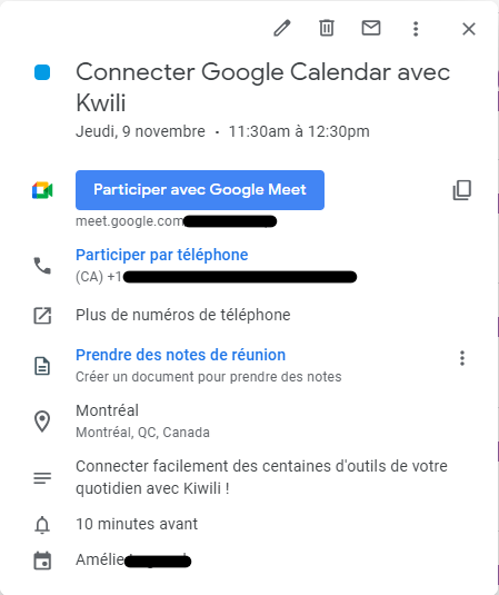 Exemple de connexion entre Google Calendar et Kiwili création event