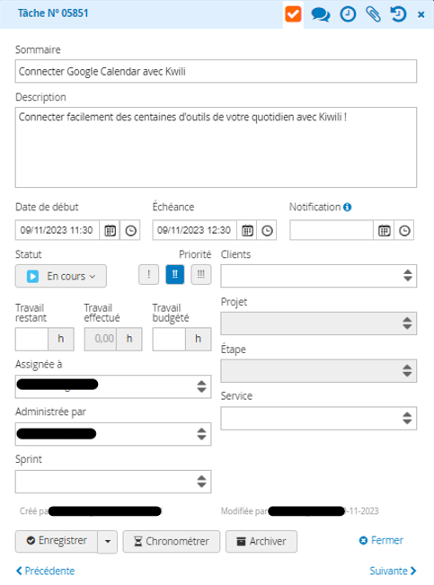 Exemple de connections entre Google Calendar et Kiwili création tache