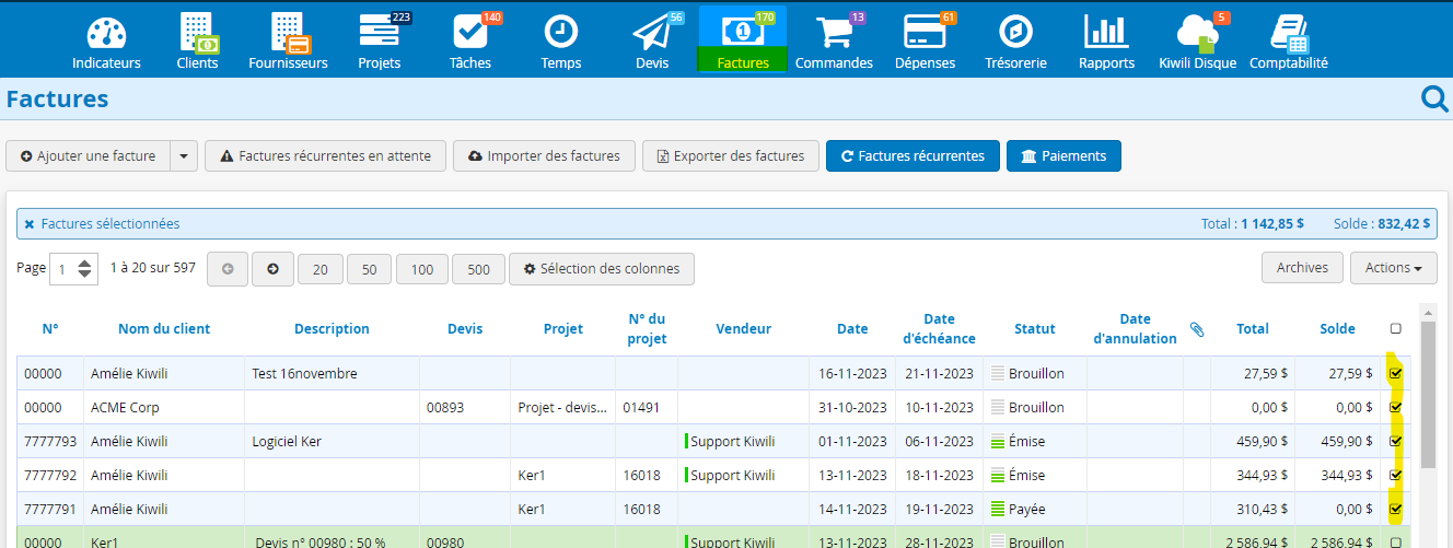 Selectionner les factures electronique pour les telecharger