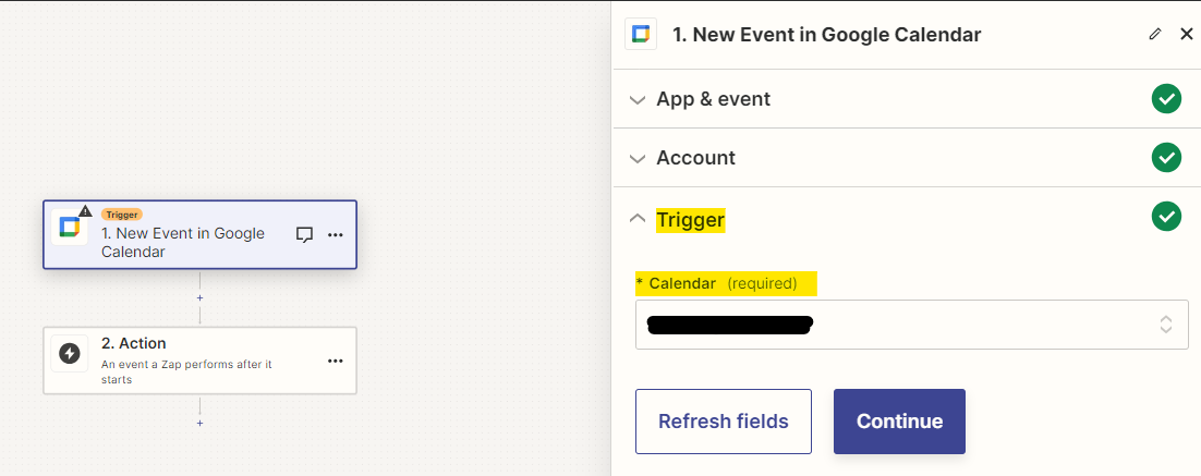 Trigger Zapier Choix du calendrier connecter Google Calendar et ERP Kiwili