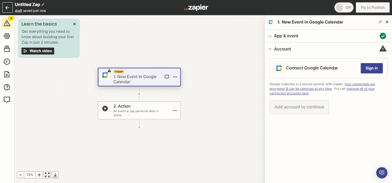 Zapier Lier le compte Google Calendar Étape 2