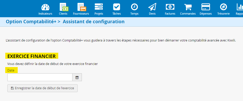 Assistant configuration date exercice financier debut