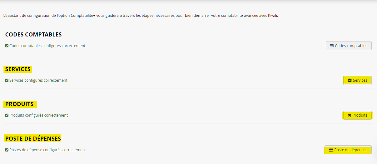 Assistant de configuration option comptabilité service produits postes de dépenses