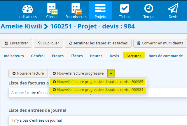 Choix du devis a facture progressivement dans le projet