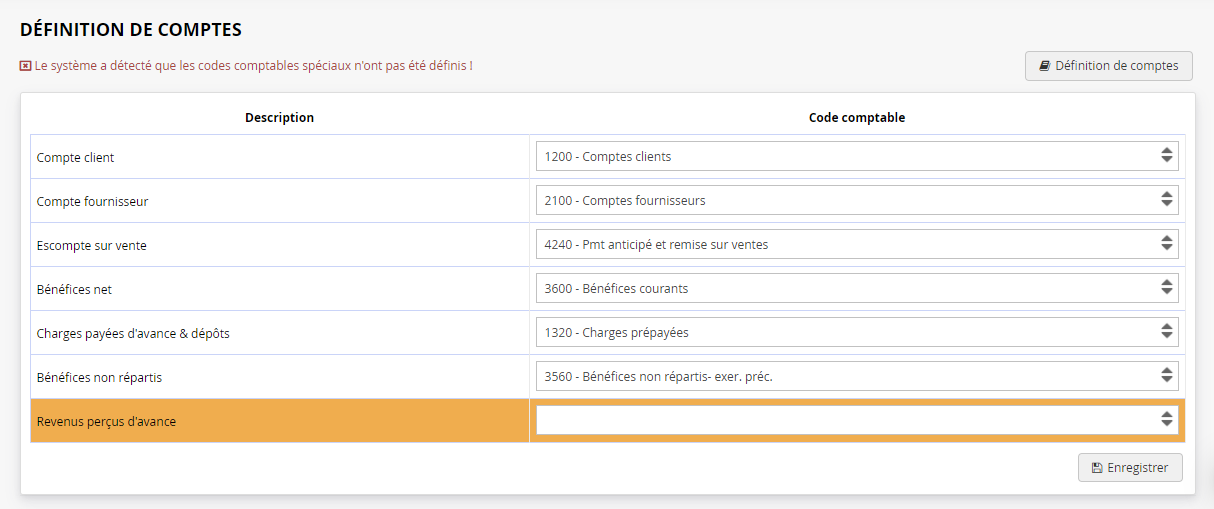 Définition des comptes codes comptables