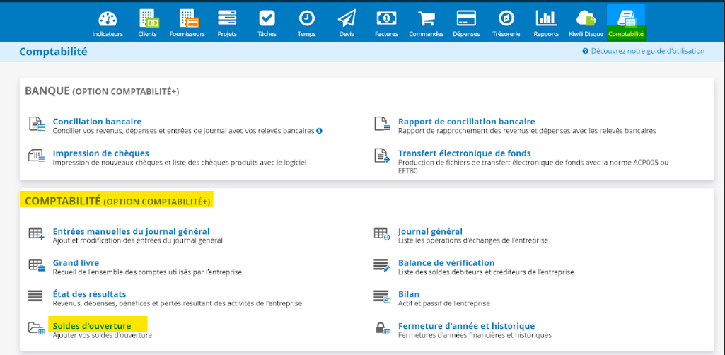 Soldes d'ouverture comptabilité