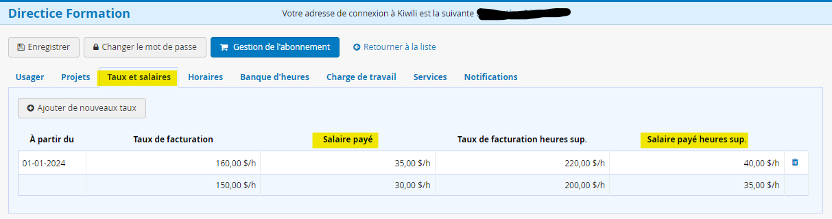 Taux salaire gestion de la paie