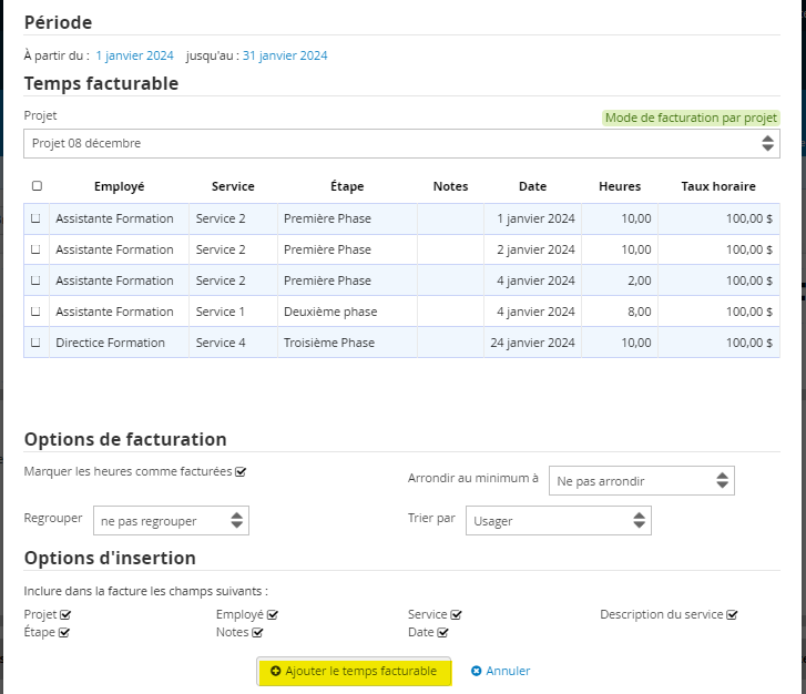 Ajouter le temps facturable