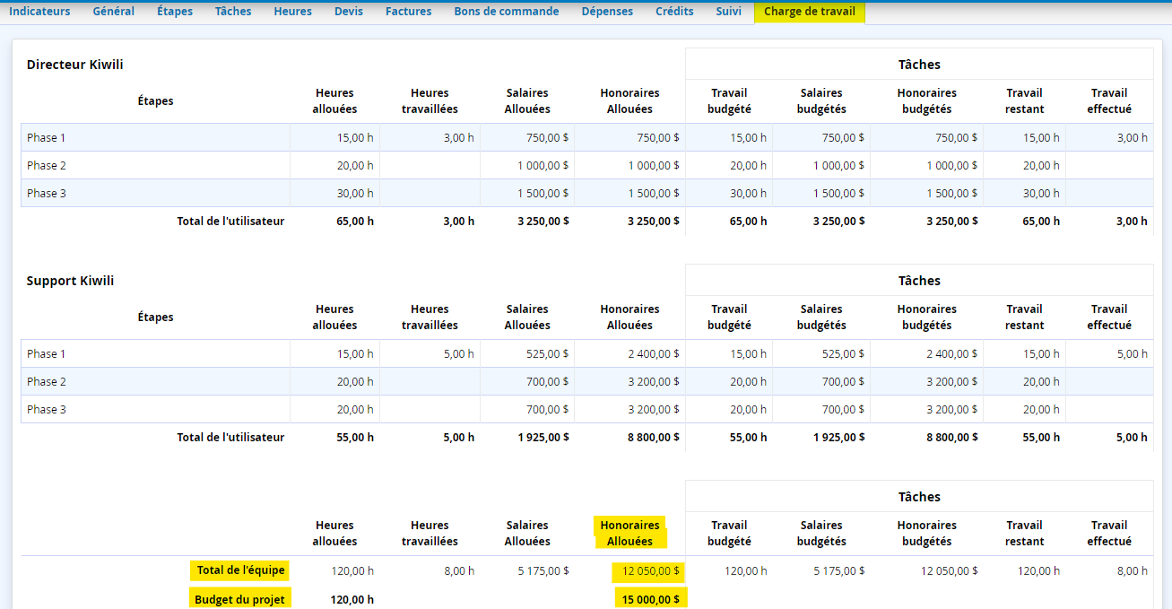 Charge de travail allocation des honoraires et des salaires dans le projet budget
