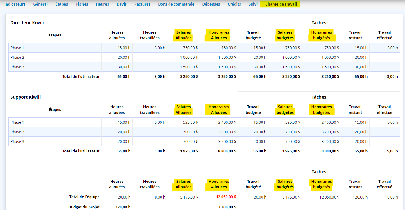 Charge de travail allocation des honoraires et des salaires dans le projet
