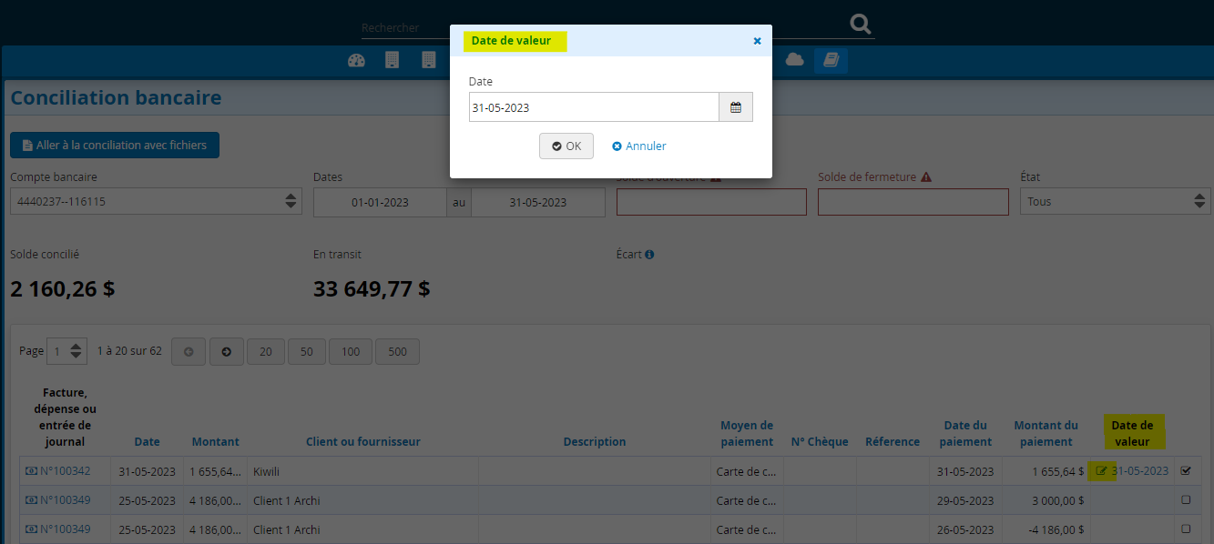 Date de valeur dans la conciliation sans fichier Logiciel comptable