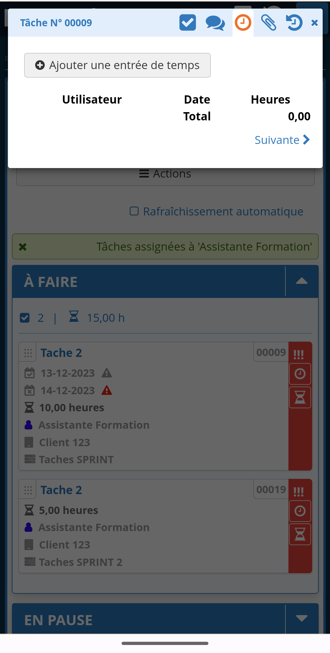 Taches 2 Entrée de temps application mobile logiciel