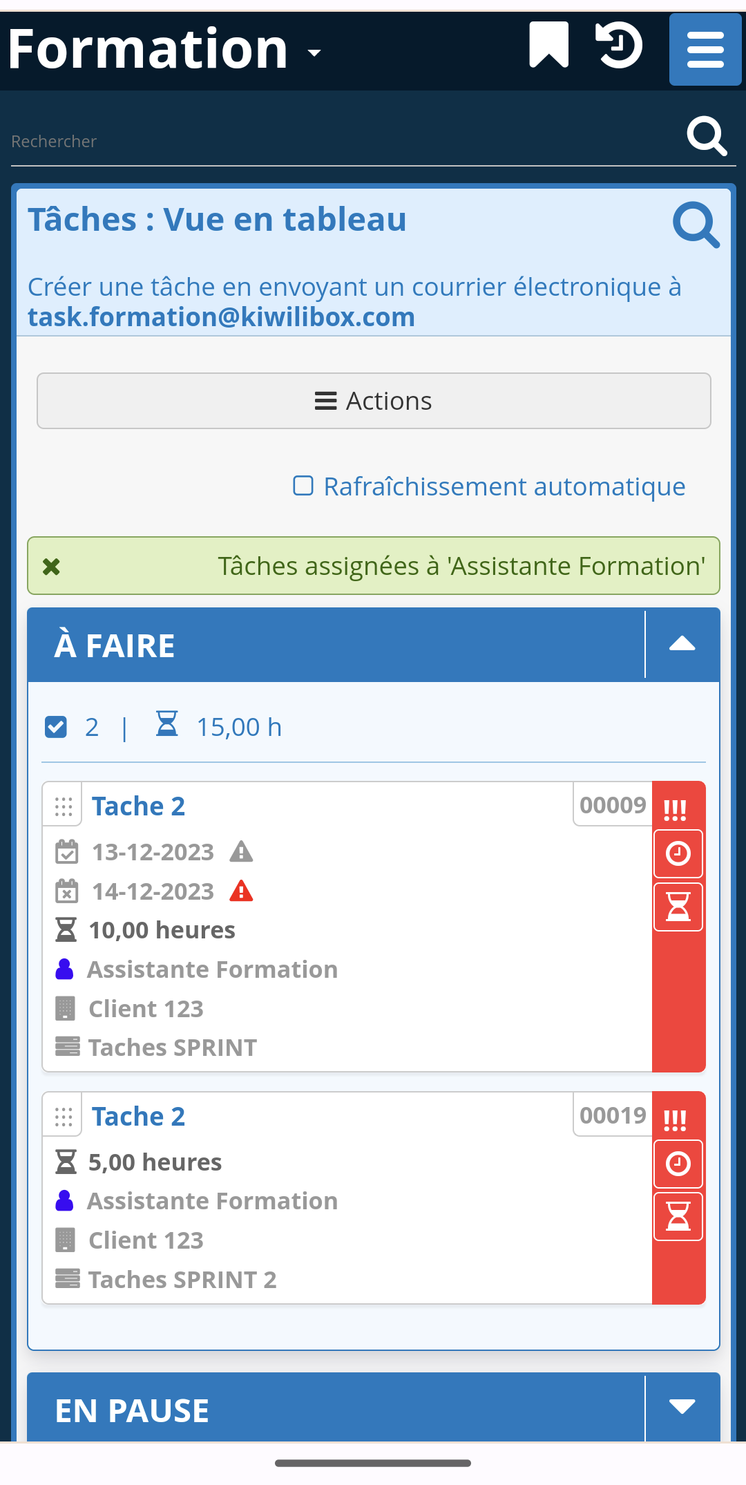 Taches Entrée de temps application mobile logiciel