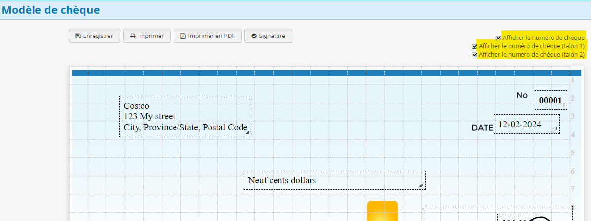 configuration affichage du numéro de cheque