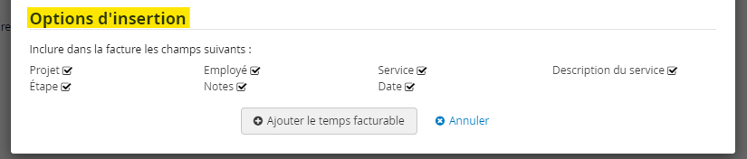 option d insertion des données du temps de travail dans la facture