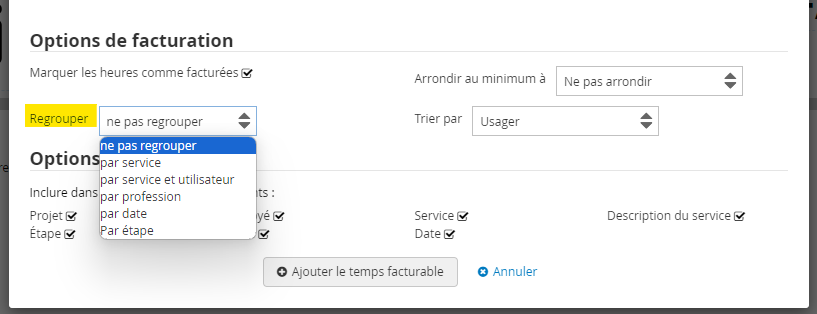 regrouper les entrées de temps dans une facture logiciel