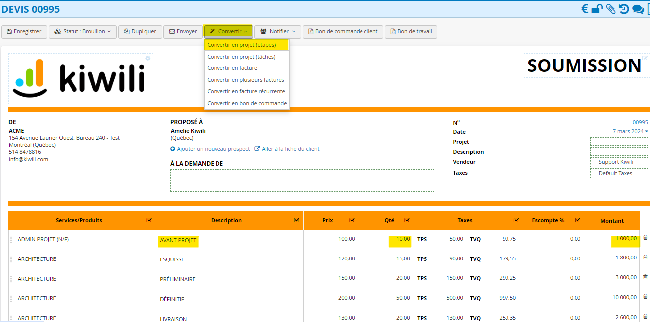 Facturation a l avancement devis converti en projet