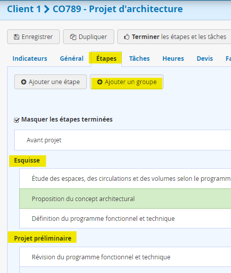 Groupe d'étapes du projet d'architecture ERP