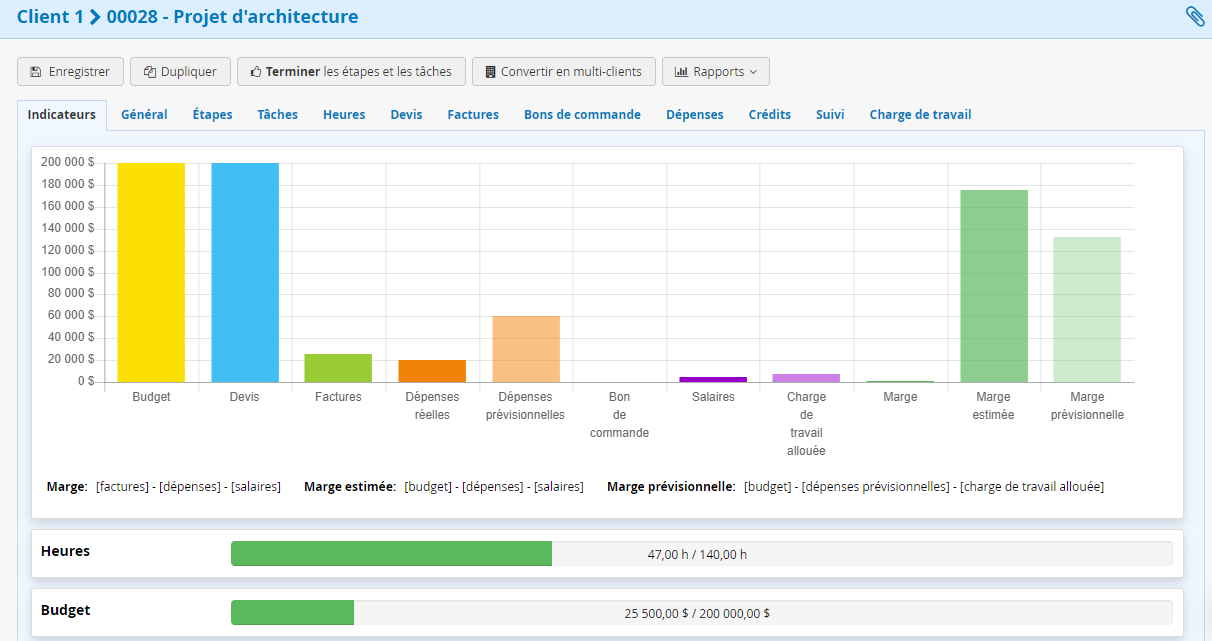 Indicateurs de projet ERP SAAS