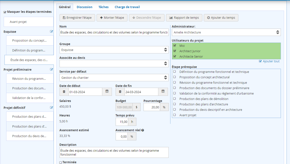 détails étape d'un projet d'architecture dans ERP Kiwili