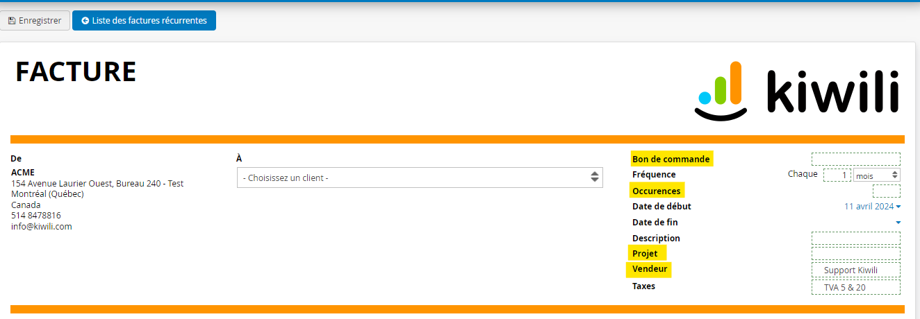 Factures récurrentes champs bon de commande occurence projet vendeur