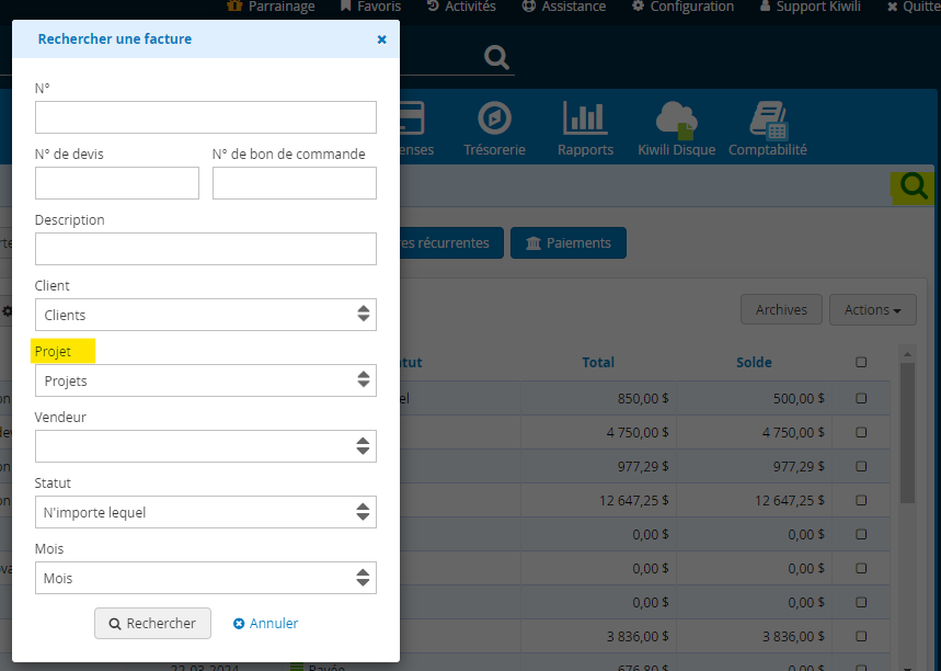 Fonction de recherche par projet disponible pour les factures devis bons de commande et depenses