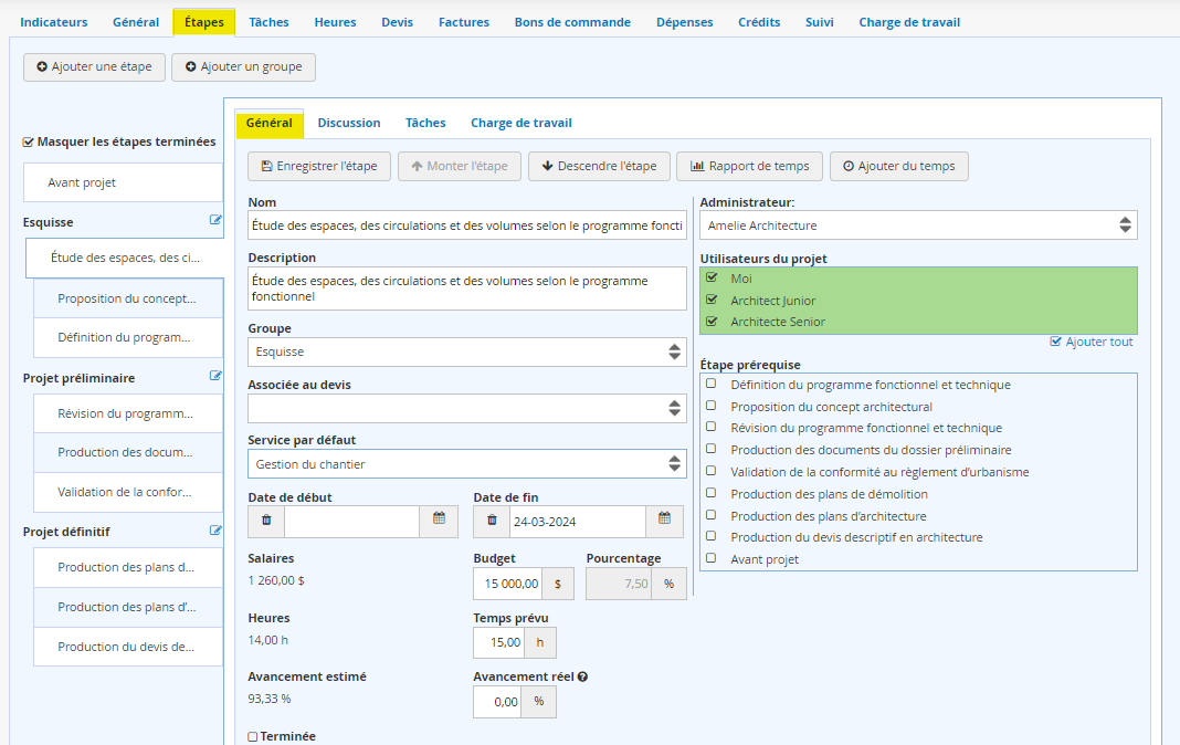 Gestion de projet onglet étapes