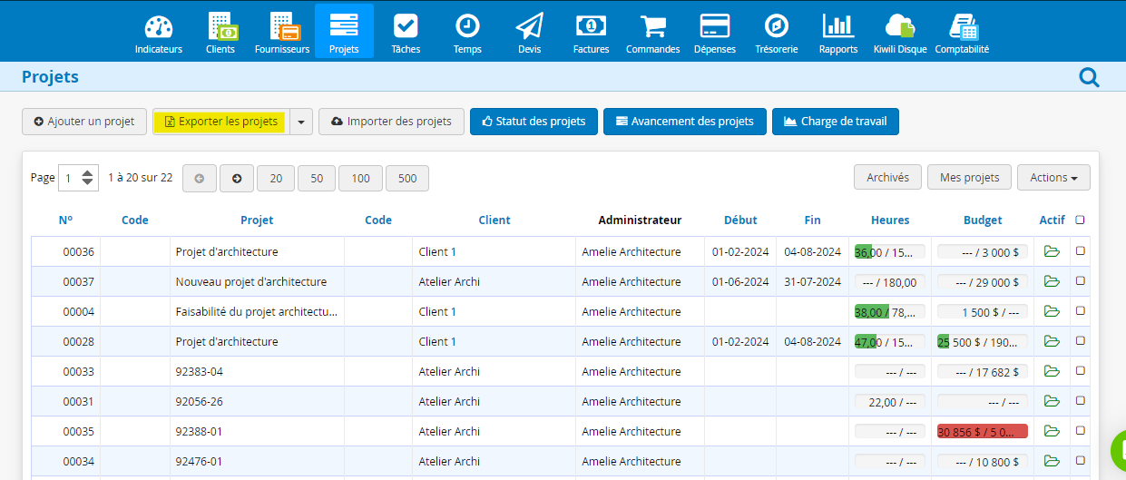Export des projets budget