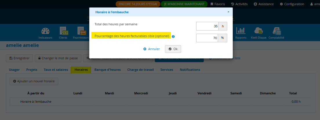 Profil utilisateur cible heures facturables