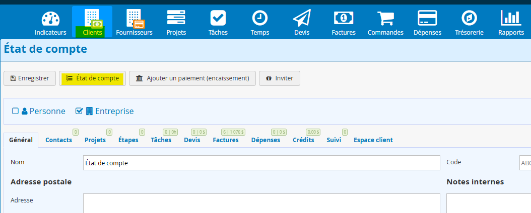 Etat de compte depuis la fiche client