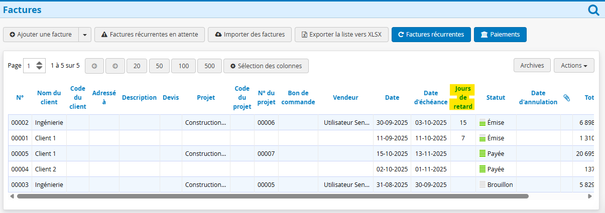 Jour de retard de paiement facture