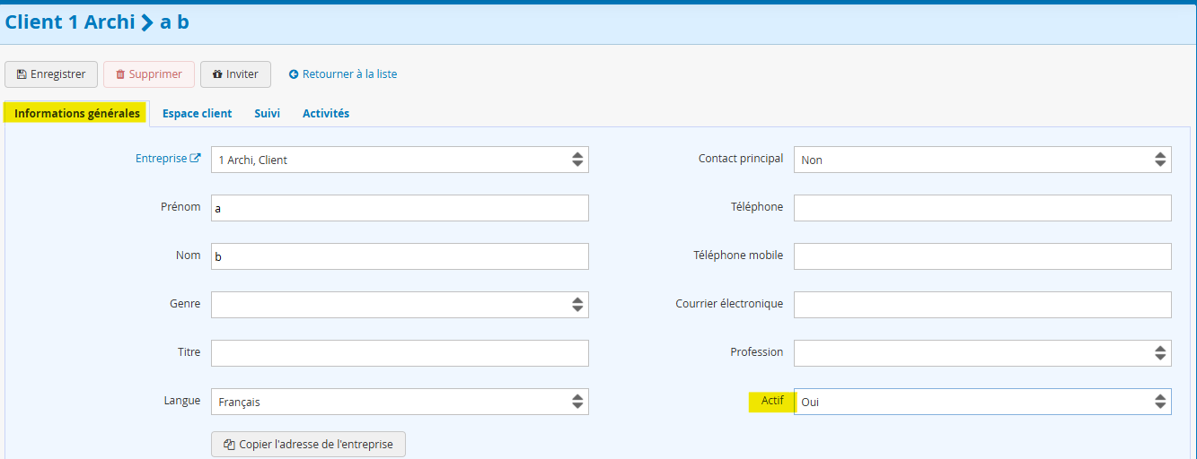 desactiver un contact dans une fiche client
