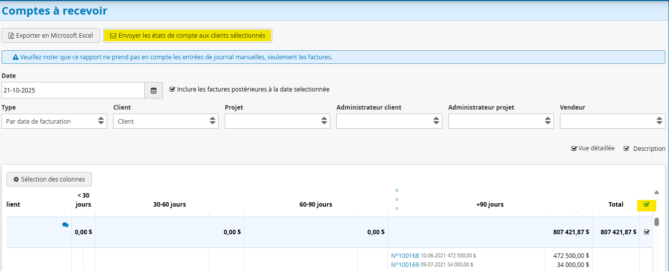 etat de compte depuis les comptes a recevoir