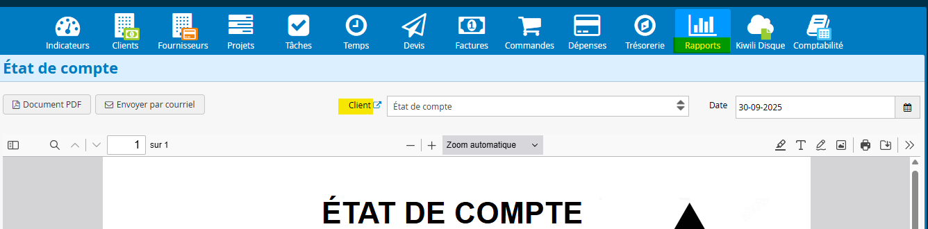 etat de compte depuis les rapports
