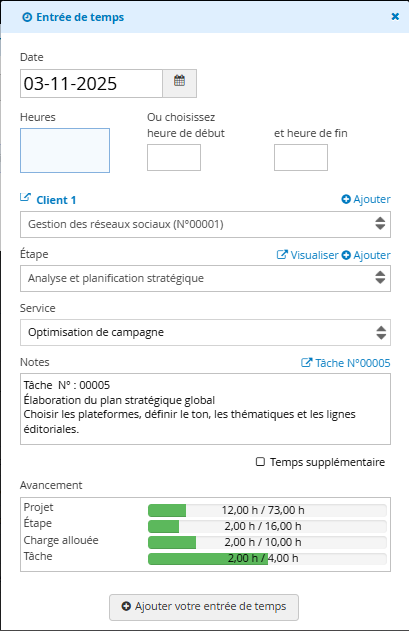 Entree de temps logiciel de gestion de temps en ligne