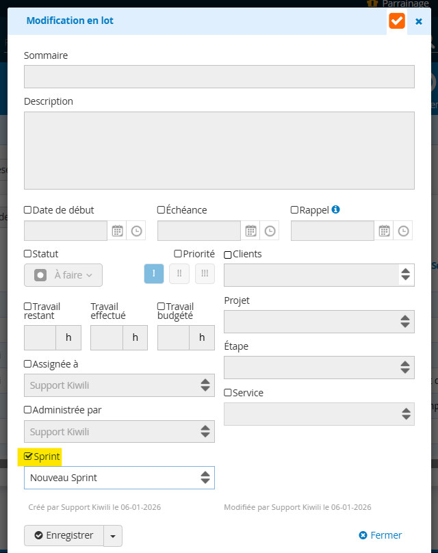 Ajout en lot taches SPRINT ERP