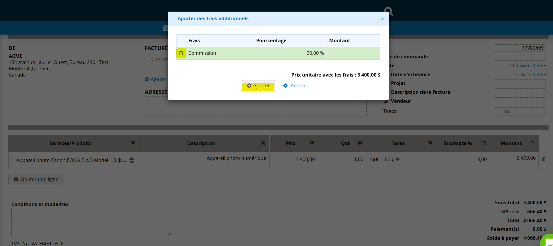 Ajouter commission dans la facture