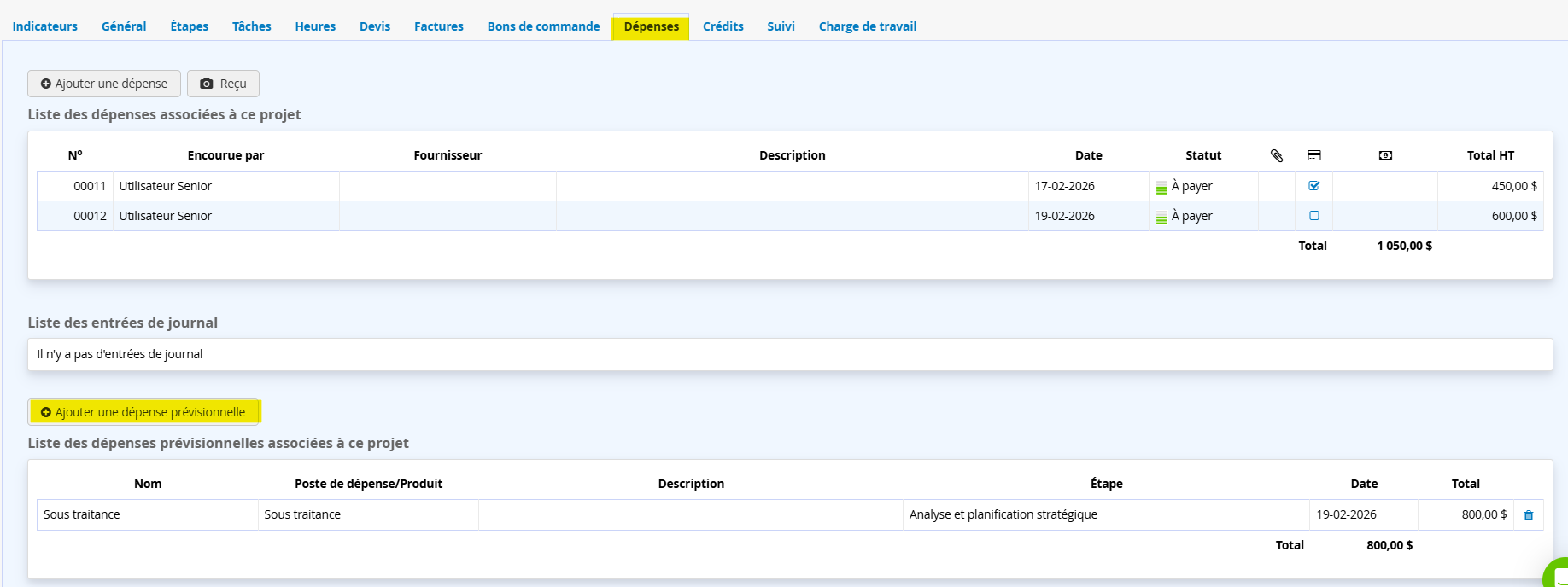 Ajouter des depenses previsionnel dans un projet ERP