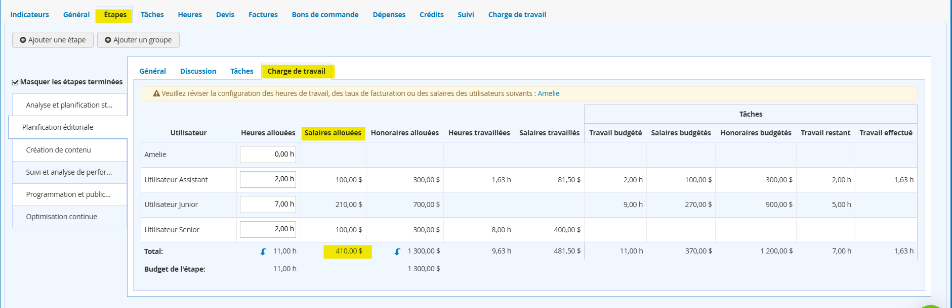 Charge de travail estimation du cout salarial de la realisation du projet dans le logiciel