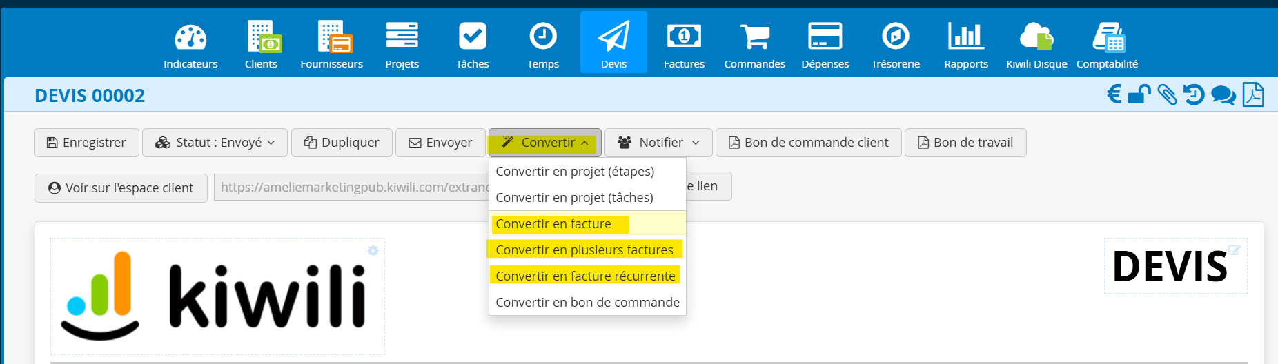 Convertir une offre commerciale en facture