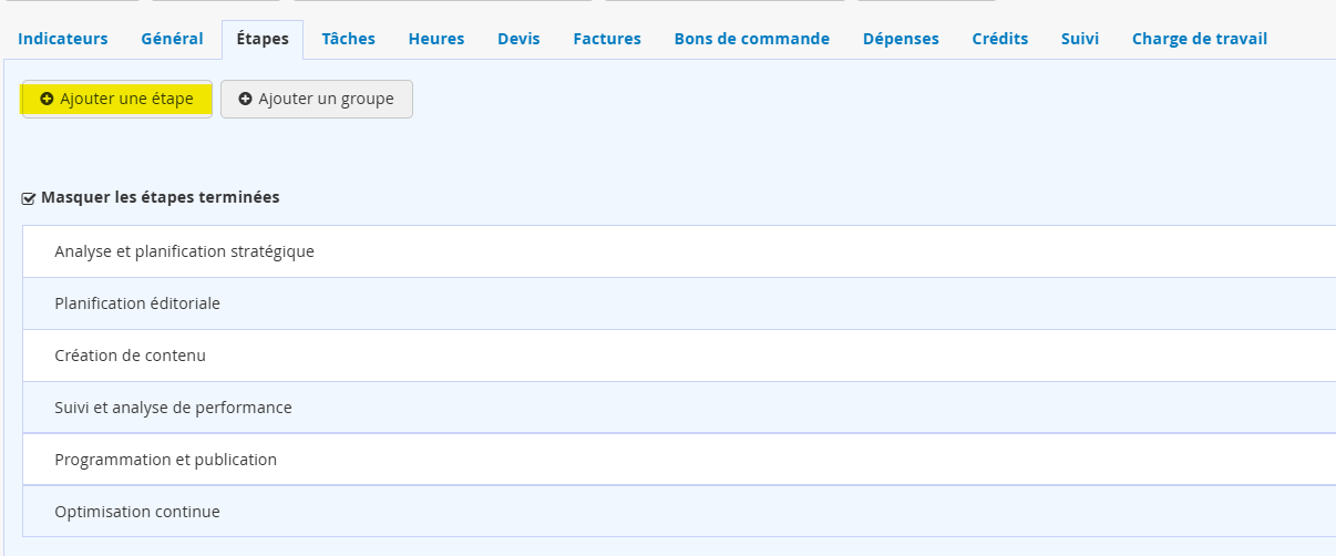 Creer une étape dans un projet