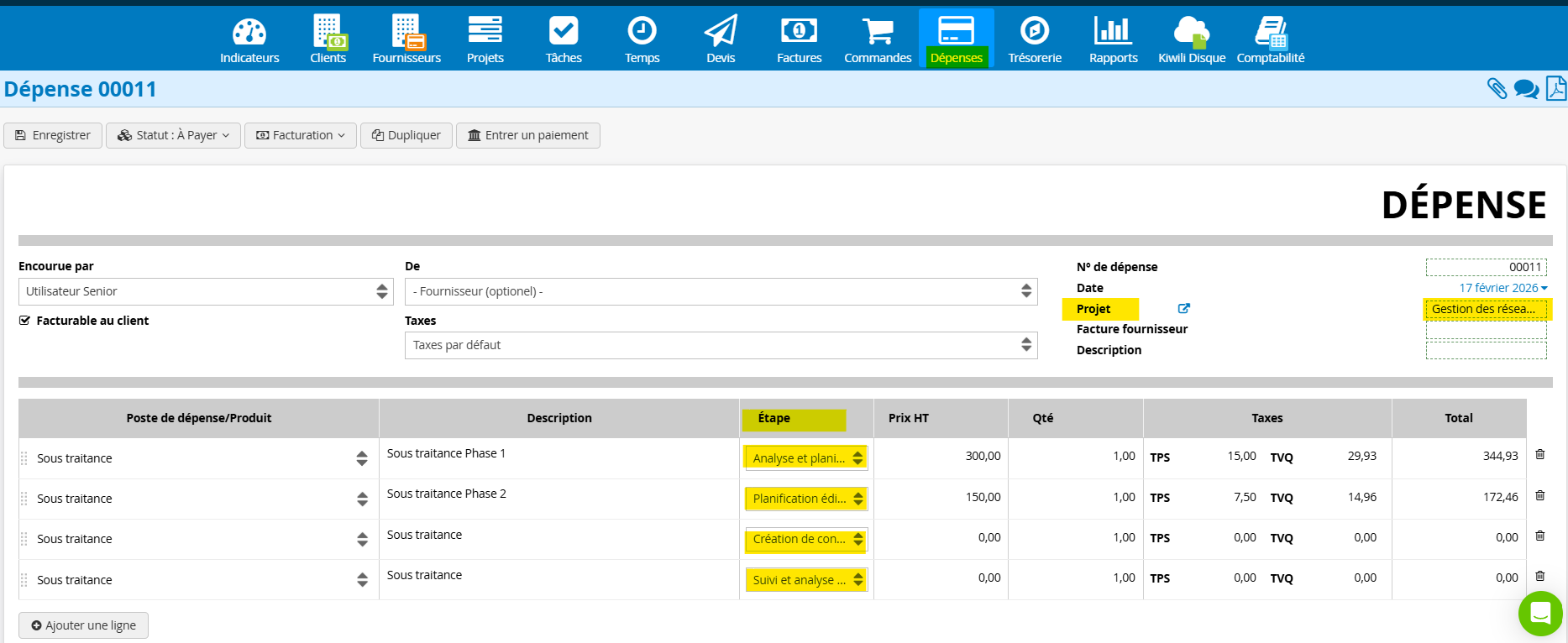 Lier une depense a une etape du projet