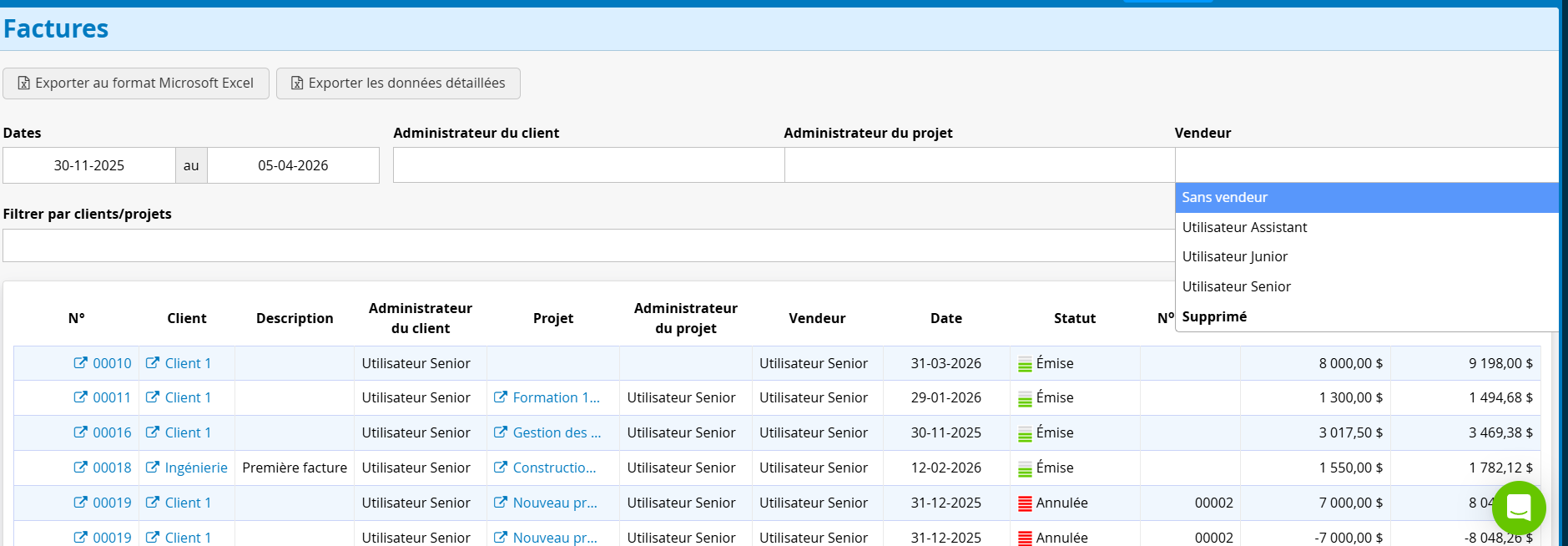 Rapport factures filtre vendeur