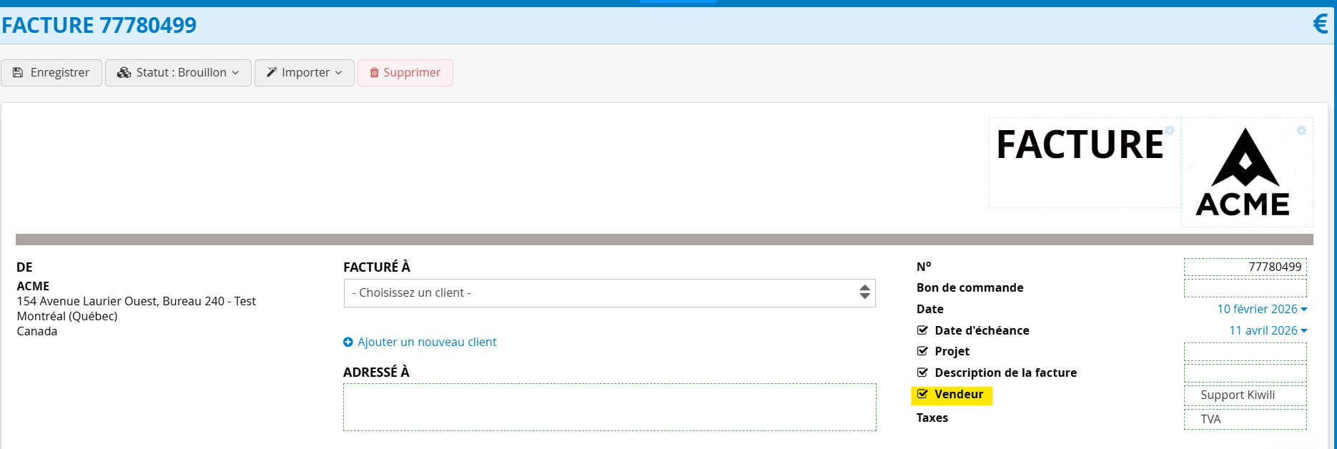Selectionner le vendeur dans les factures